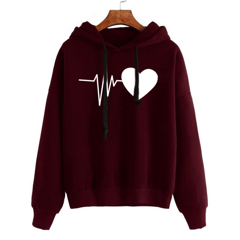 Sweat à capuche streetwear pour femme à imprimé cœurs, manches longues, pull, printemps-automne