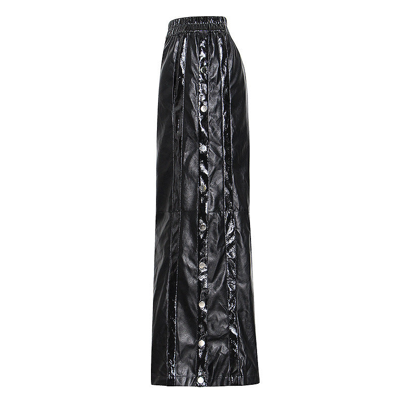 Sexy High-Waist PU Leather Wide-Leg Pants with Side Button Split