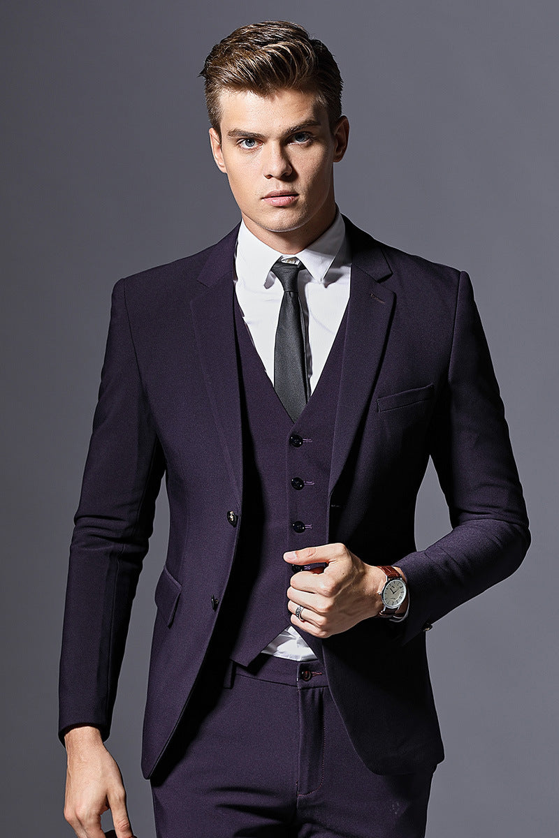 Men's Slim Fit Two-Button Suit with Flat Collar, Four-Season Acetate Fiber Blend