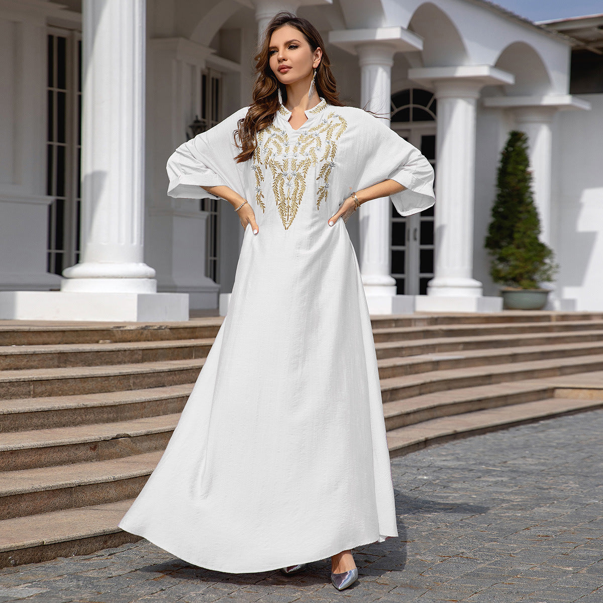 Robe longue brodée rose et blanc pour femmes musulmanes, tailles M-XXL