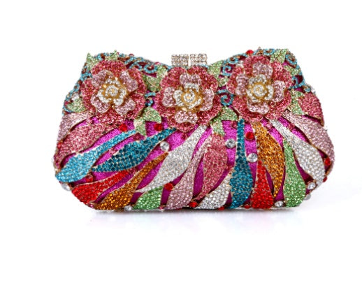 European & American Women's Metal Rose Diamond Crystal Clutch Bag 21cm