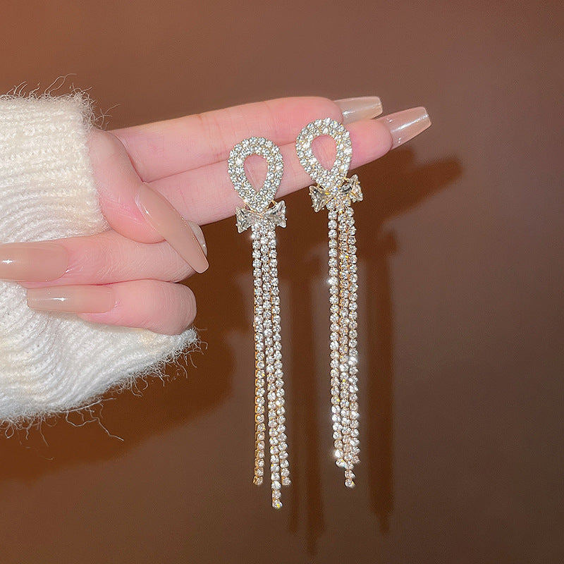 Silver Needle Exquisite Full Diamond Long Fringe Earrings