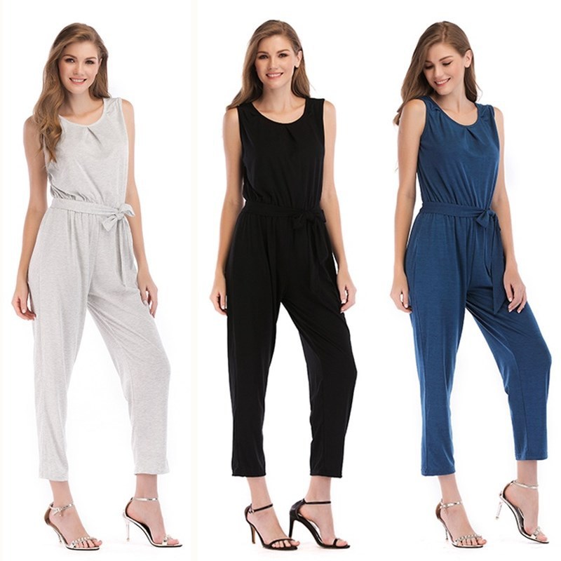 Solid Color Mid-Waist Nine-Minute Cotton Blend Jumpsuit