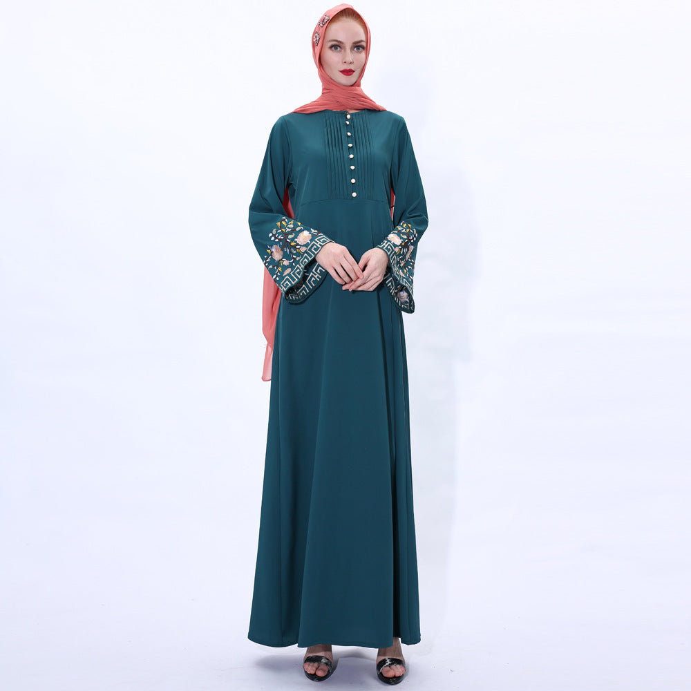 Retro Slim Muslim Women's Summer Dress with Embroidery