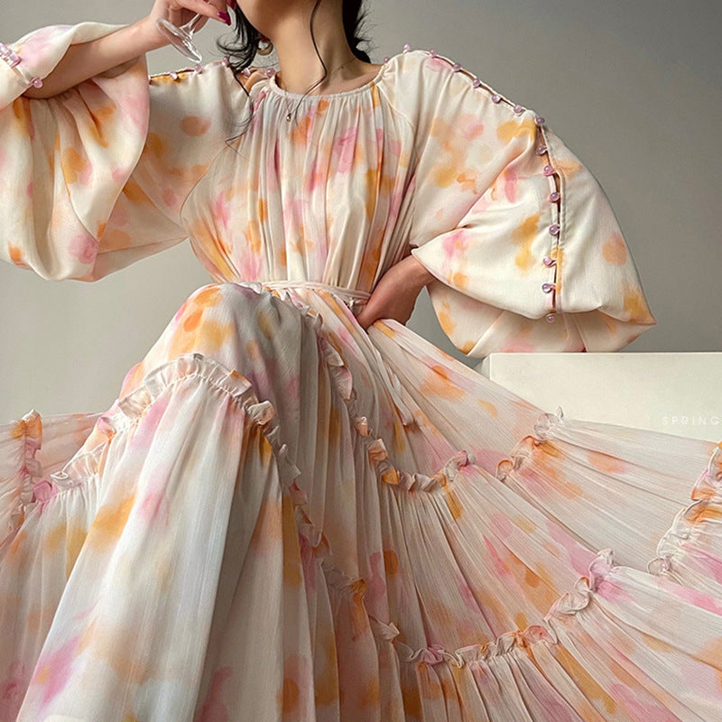 Robe de vacances rose à imprimé abstrait avec jupe ample pour femme