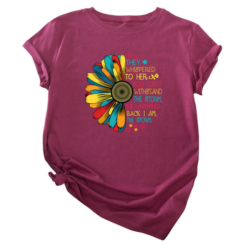 Europe and America Sunflower Print Short Sleeve T-shirt