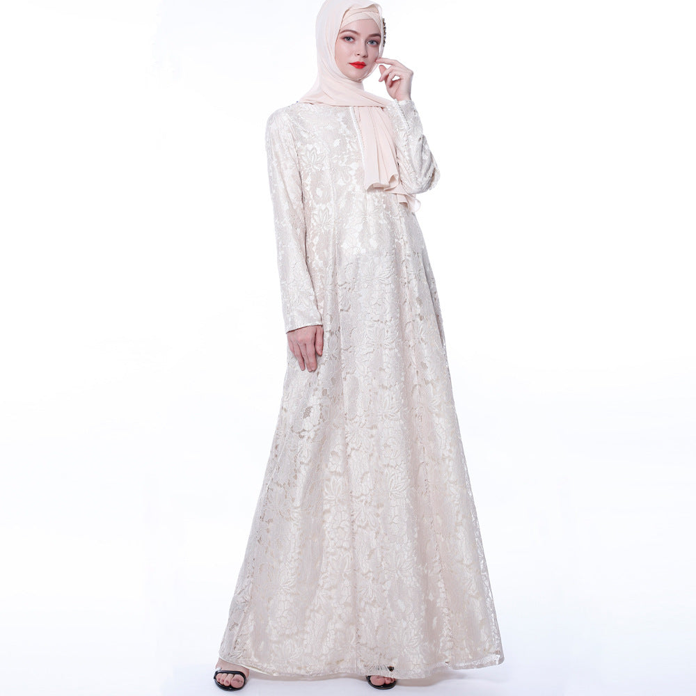 Arab Women's Summer Lace Muslim Dress Long Sleeve A-Line