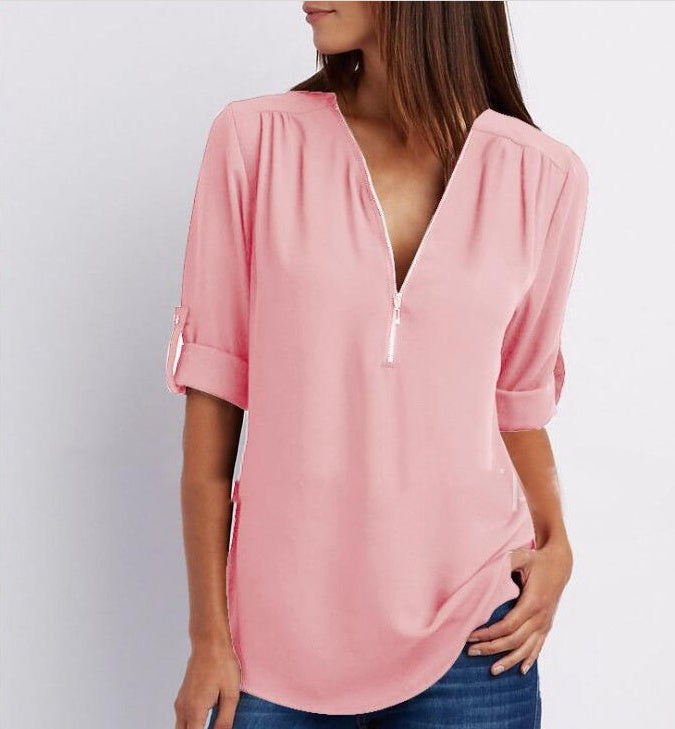 Chemisier ample zippé à col en V et manches courtes pour femme, disponible en plusieurs coloris