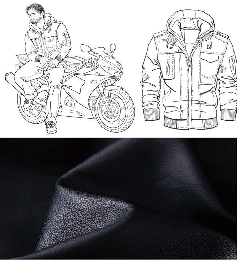 Men's Washed PU Leather Jacket with Removable Hood and Zipper Closure
