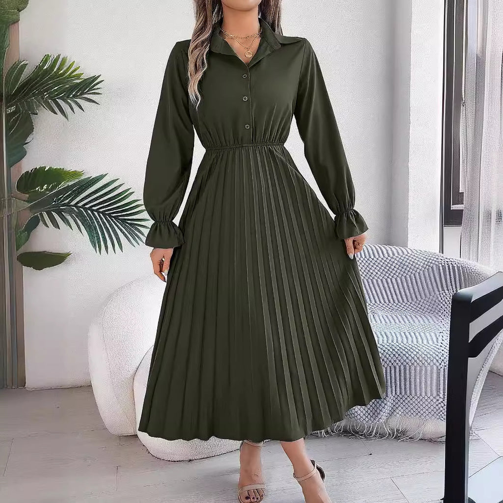 Autumn & Spring Long Sleeve Pleated Dress with Lapel and Button