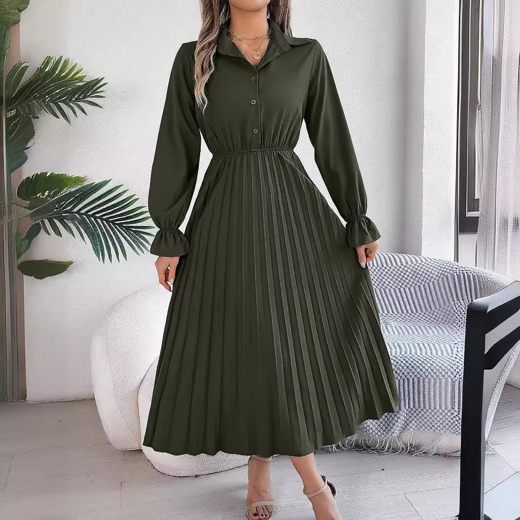 Autumn & Spring Long Sleeve Pleated Dress with Lapel and Button