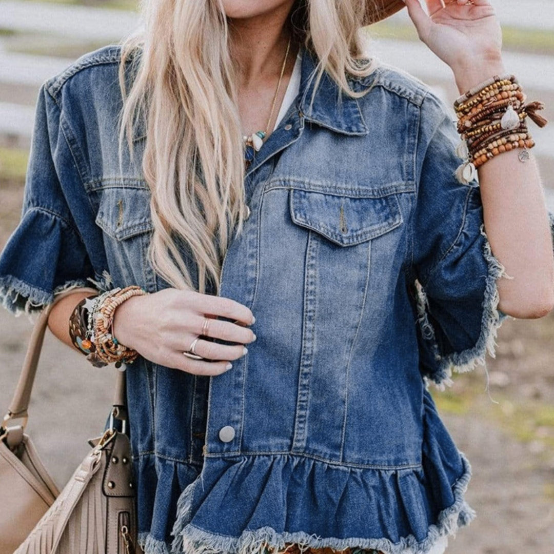 Women’s Loose Denim Jacket with Ruffled Short Sleeves