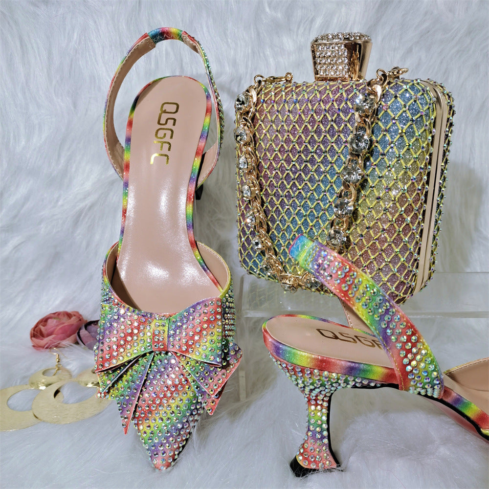 Pointy High Heel Sandals with Metal Diamond Chain Handbag Set