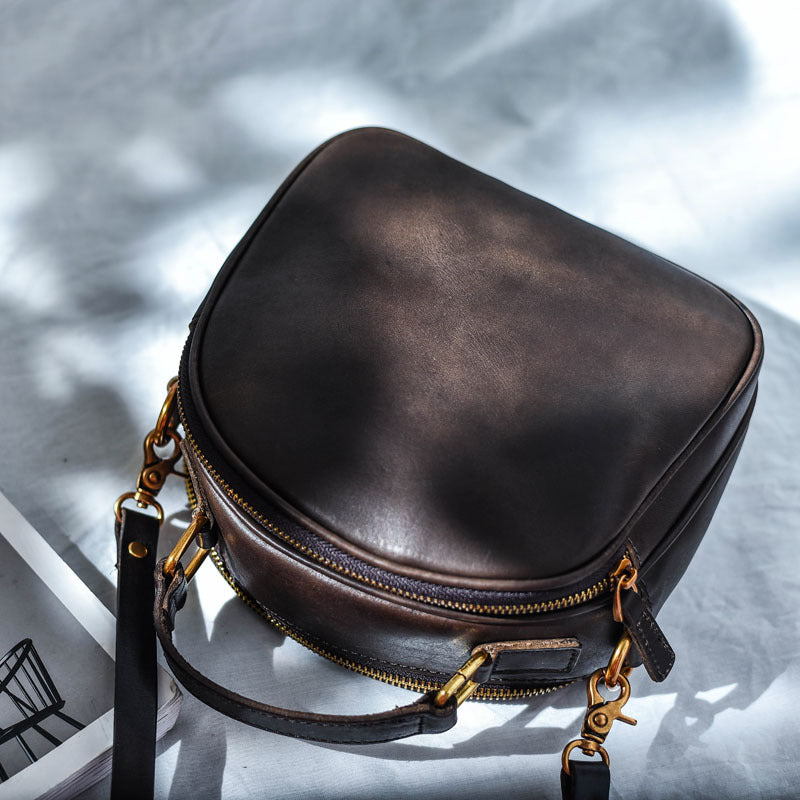 Japanese-style Retro Original Design Double Zipper Handmade Genuine Leather Skeleton-skin Crossbody Bag