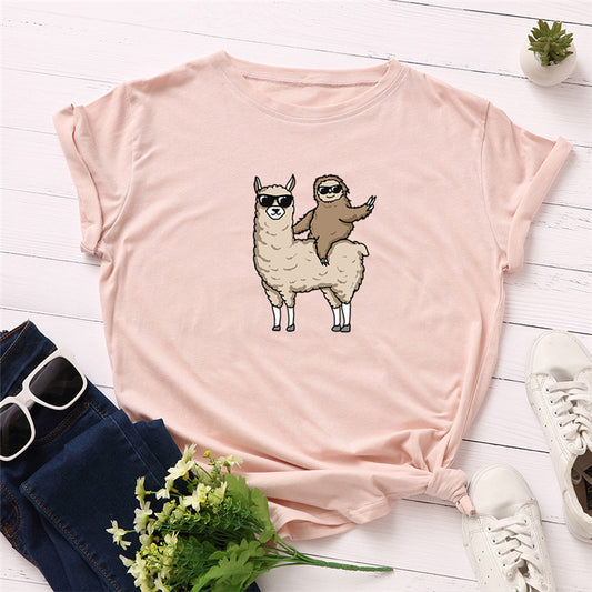 Sloth Riding Goat Sunglasses Printing Cool European And American Top T-shirt Short Sleeve