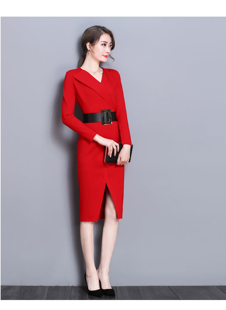 Mid-Length Long-Sleeve V-Neck Dress with Temperament