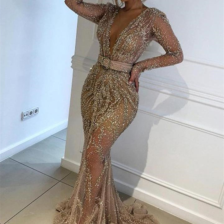 Gold Sequined Long Sleeve Swing Dress Large Banquet Party Dress