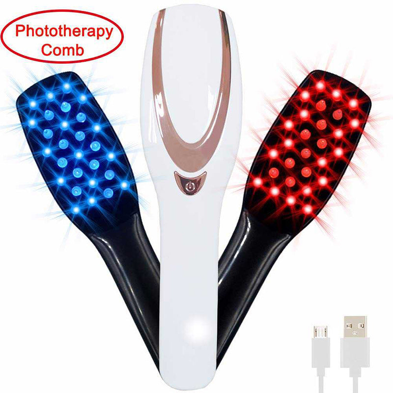 Stimulateur de croissance capillaire à lumière rouge et bleue avec USB, massage par vibration, 3 vitesses, blanc, 18x4,5x3cm