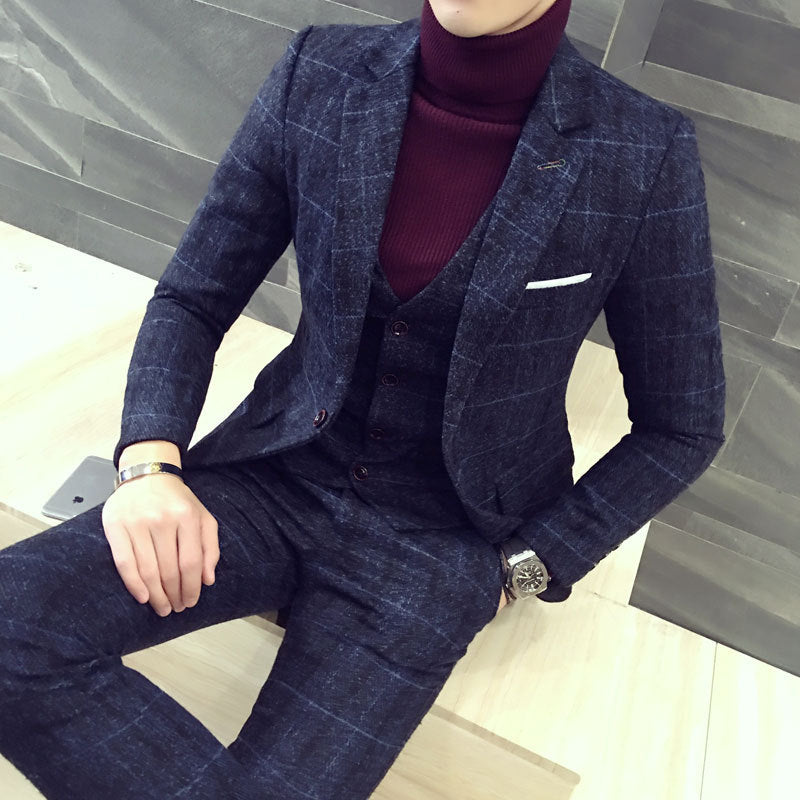 Slim British Casual Check Men's Three-Piece Suit Set