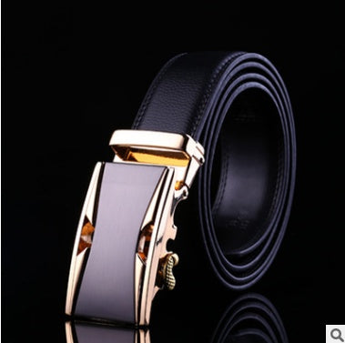 Men's Leather Automatic Buckle Belt 3.55CM Wide with Gold Buckle Head