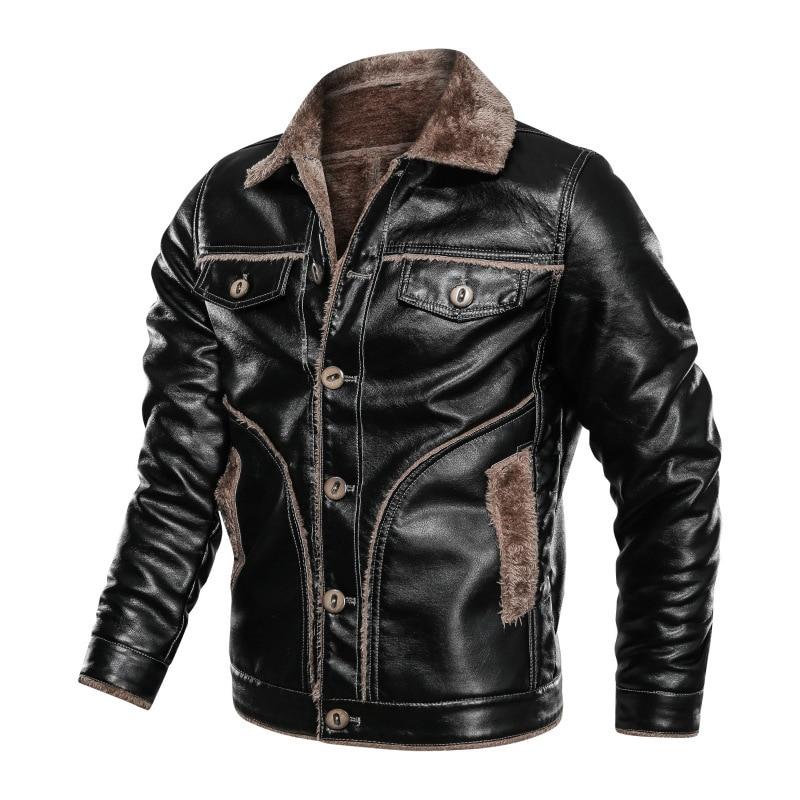 PU Leather Lapel Jacket with Zipper, Black & Brown, M-8XL