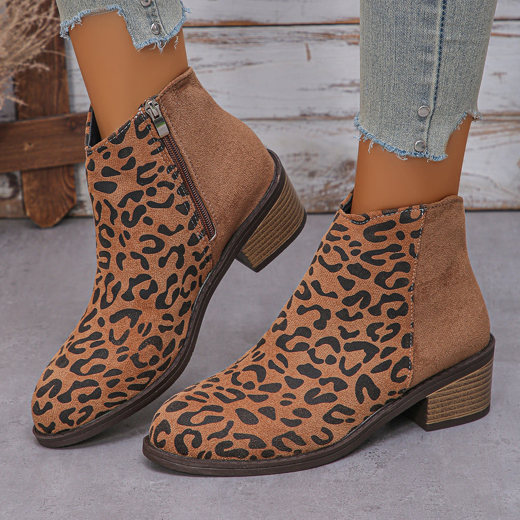 Bottes Chelsea d'hiver en daim imprimé léopard camel à talons mi-hauts pour femme