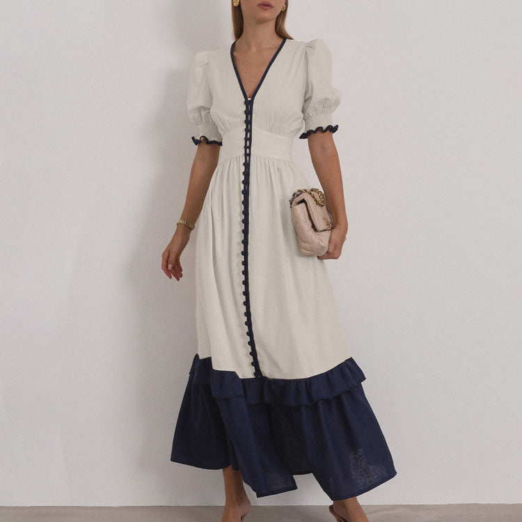 Robe-cardigan en lin abricot avec manches à volants contrastantes