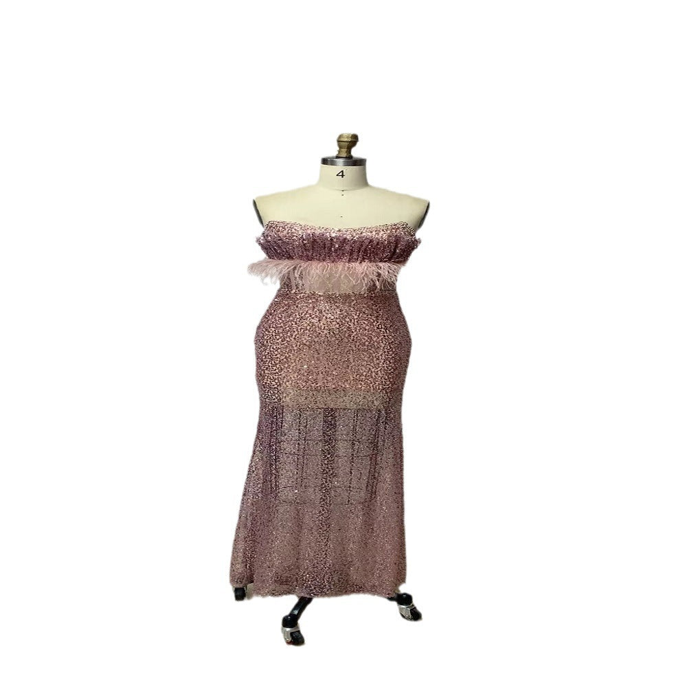 Robe bustier en polyester à sequins roses taille mi-haute pour femme