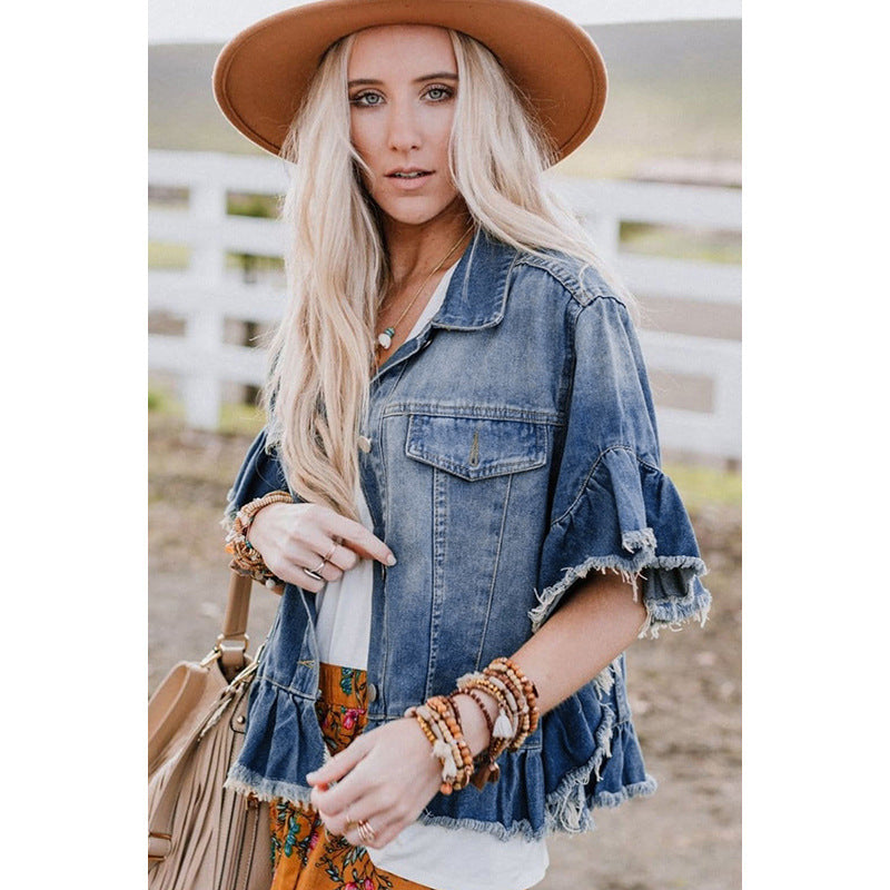 Women’s Loose Denim Jacket with Ruffled Short Sleeves