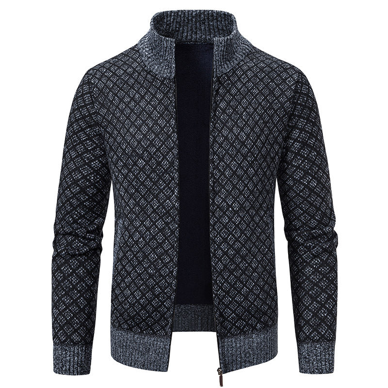 Men's Slim Fit Thickened Plaid Zipper Cardigan Sweater Stand Collar Long Sleeve Winter Knit