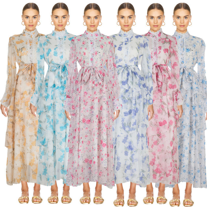 Autumn And Winter Lace Stitching Sweet Printed Ruffled Irregular Dress Women