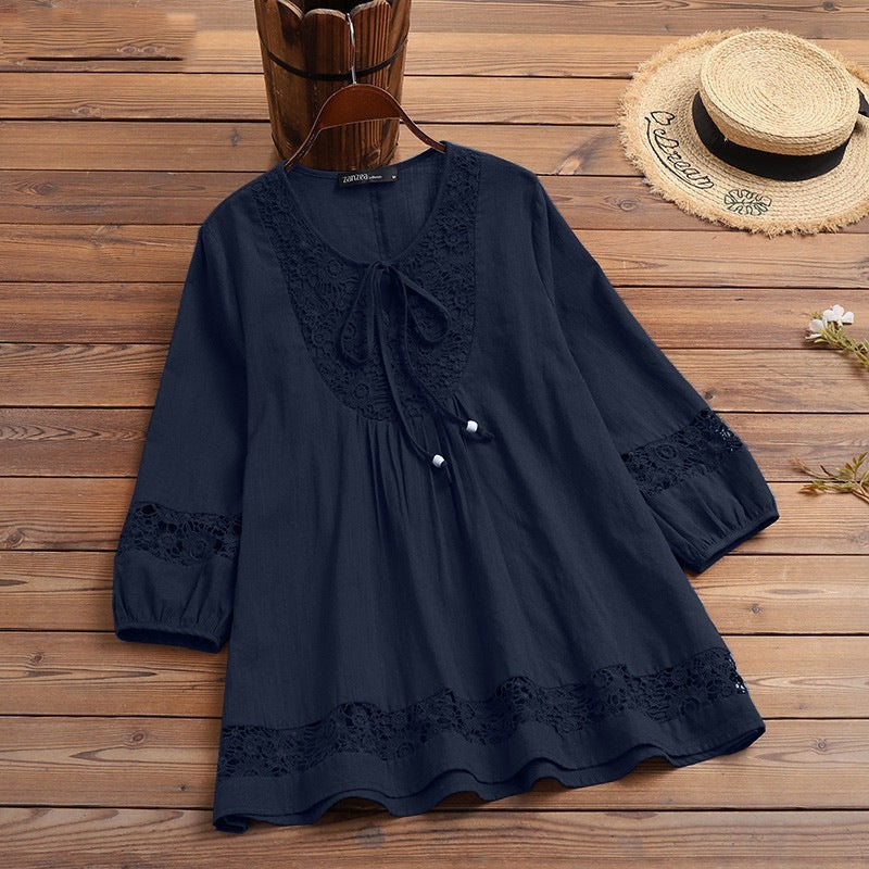 Cotton Linen Lace 3/4 Sleeve Loose Women's Top T-Shirt