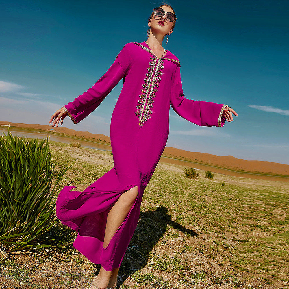 Women's Rose Red Hooded Moroccan Style Dress with V-Neck and A-Line Skirt