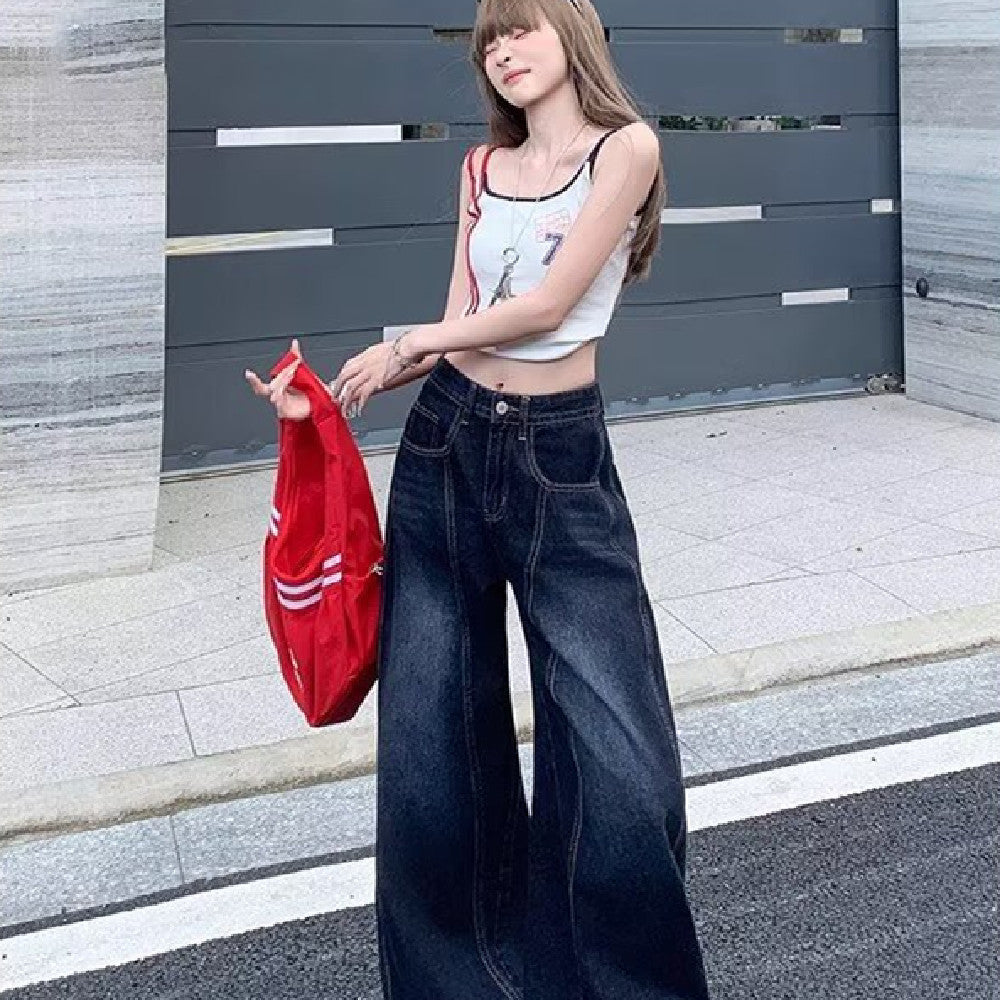 Women's High Waist Dark Blue Wide Leg Denim Jeans