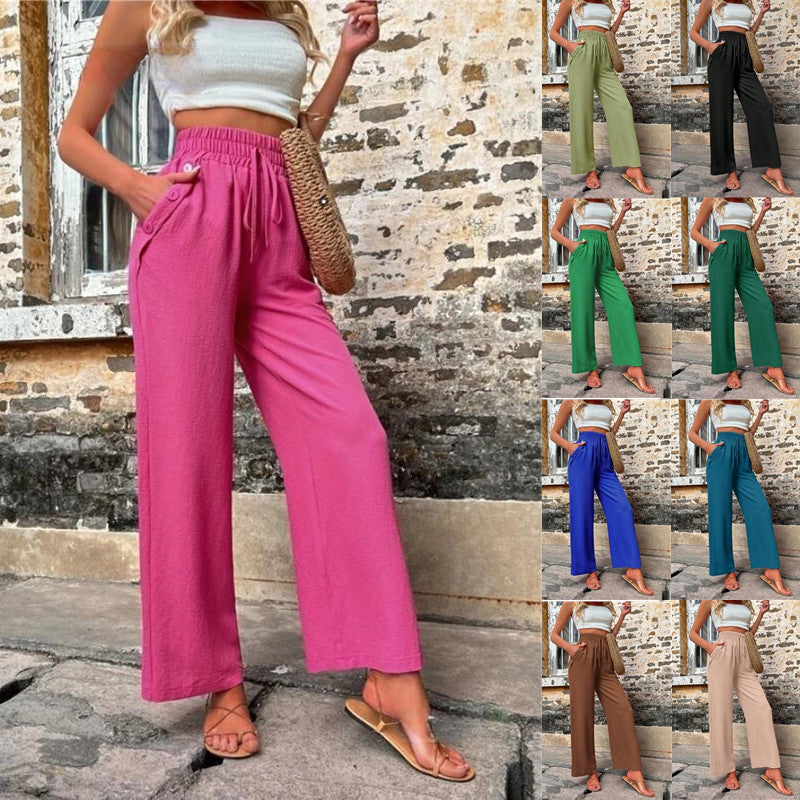 High Waist Casual Women's Pants with Elastic Drawstring & Pockets