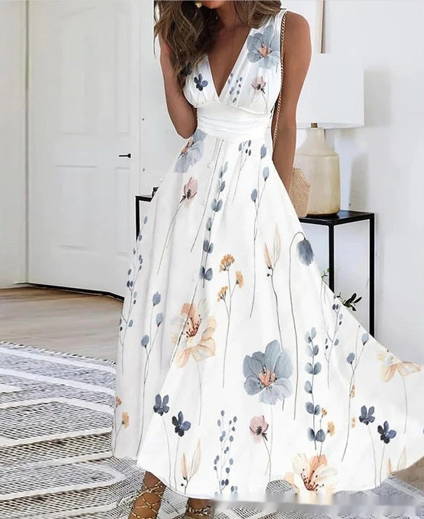 Spring Summer V-Neck Sleeveless Waist-Controlled A-Line Dress