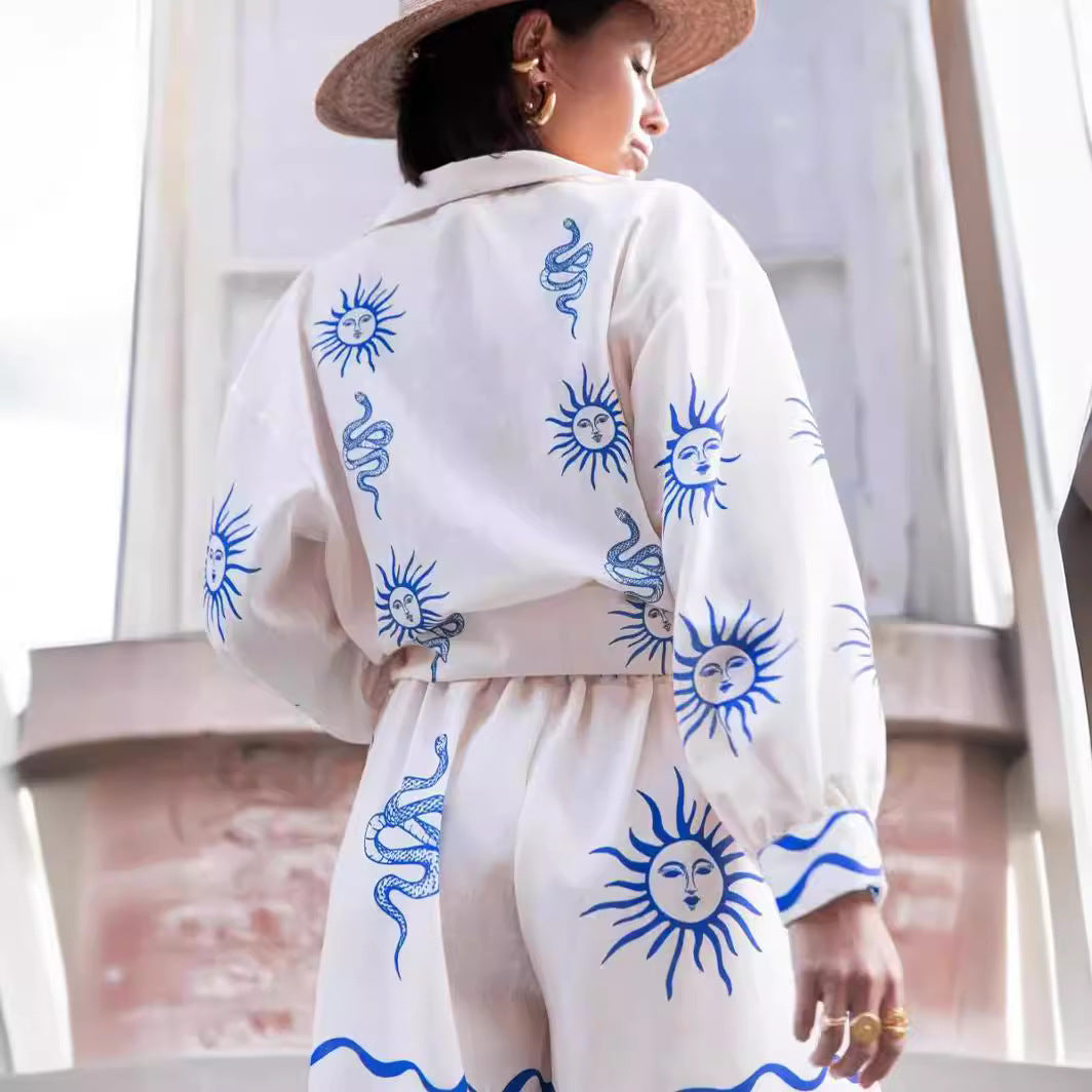 Ensemble chemise, cardigan et short en lin imprimé décontracté