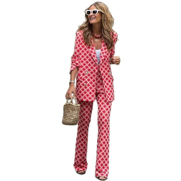 Women's Digital Print Long-Sleeve Cardigan & Trousers Suit