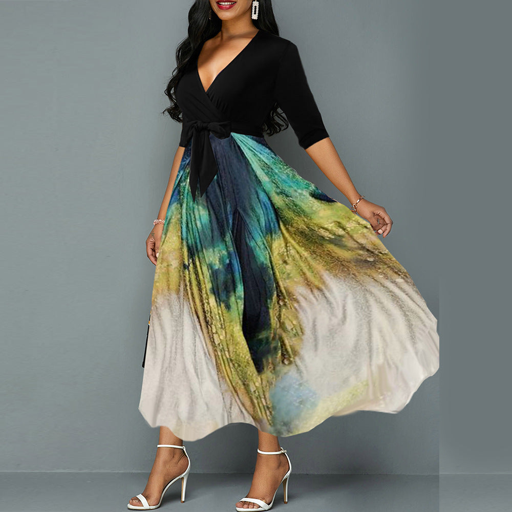 Robe d'été en mousseline de soie noire imprimé paon pour femme