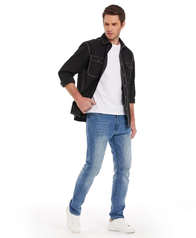 Chemise décontractée en lin à manches longues et col carré pour homme