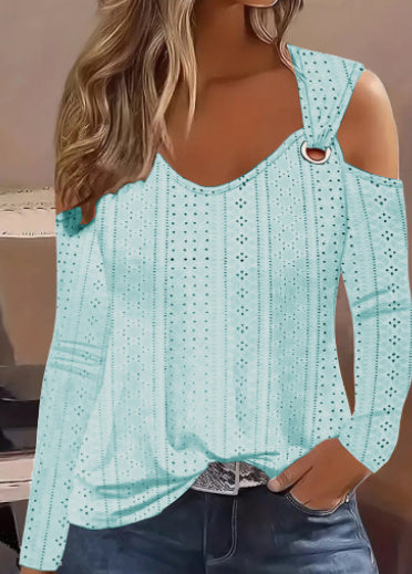 Simple Metal Buckle V-Neck Long Sleeve Shirt Polyester