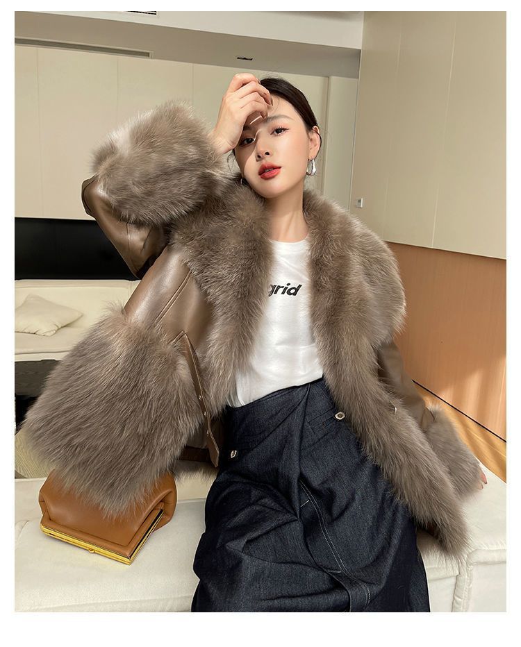 Women’s Faux Fur Coat with Big Fur Collar in Beige & Cocoa, Sizes S-XL