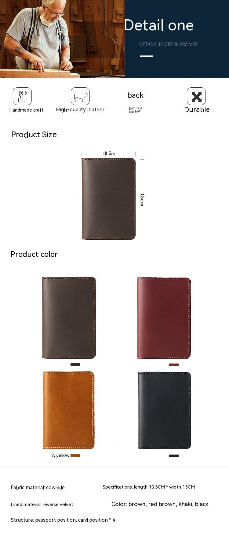 Genuine Cowhide Leather Passport Holder Vertical Handmade