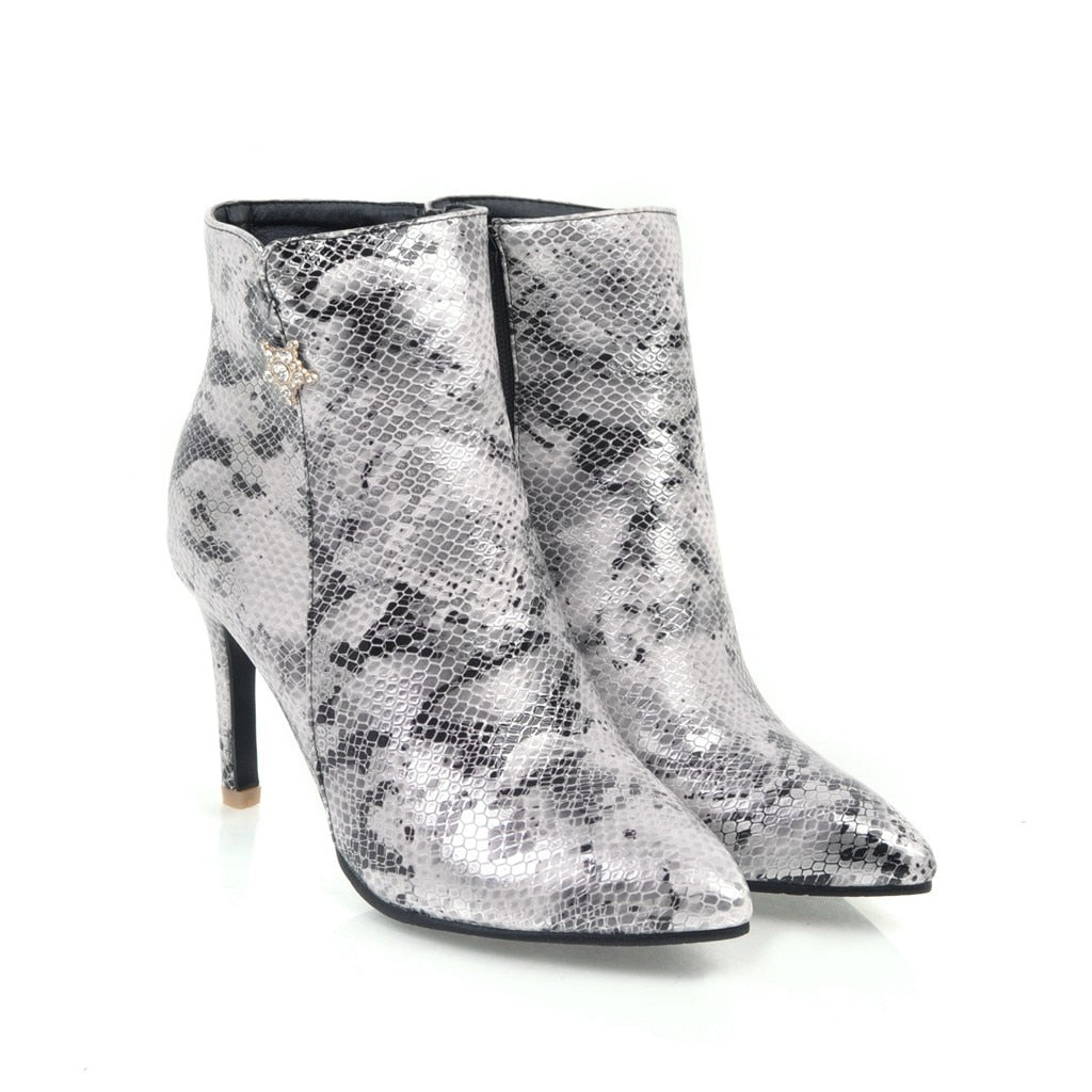 Bottes à talons aiguilles pointus à motif serpent avec fermeture éclair latérale pour femme