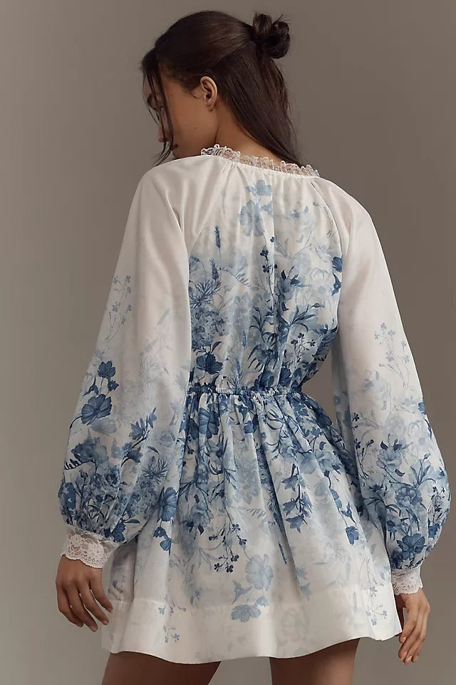 Women's Blue Floral Vintage Dress with Stand-Up Collar and Puff Sleeves