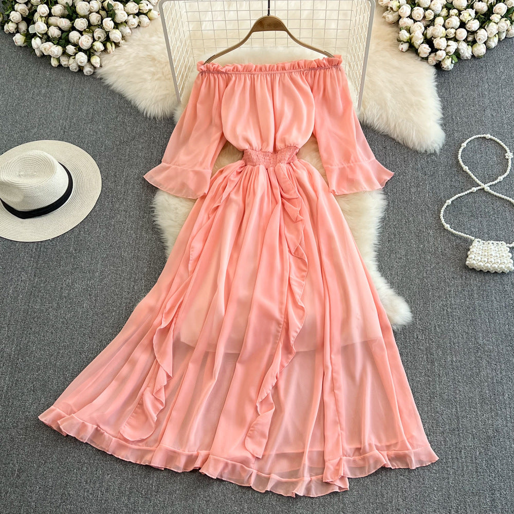 Off-the-shoulder Ruffled Chiffon Dress