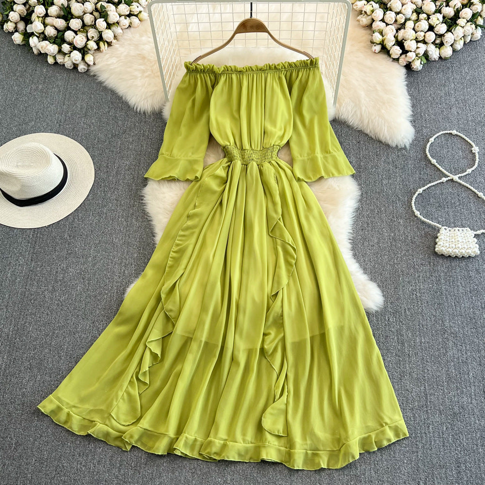 Robe Mi-Longue en Mousseline à Volants Épaules Dénudées Coupe Trapèze