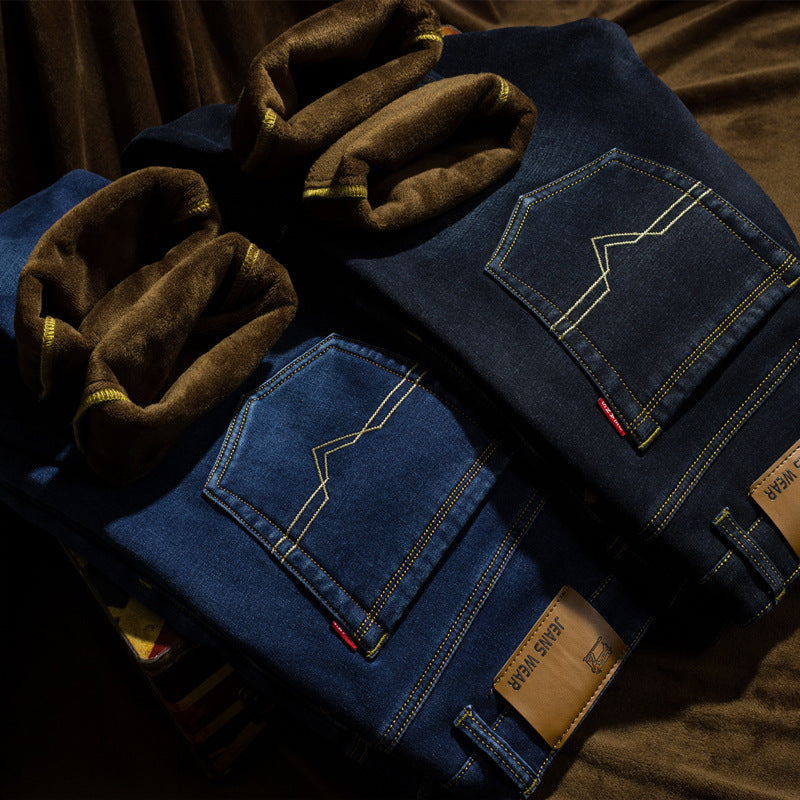 Autumn Winter Straight Fit Velvet-Lined Jeans