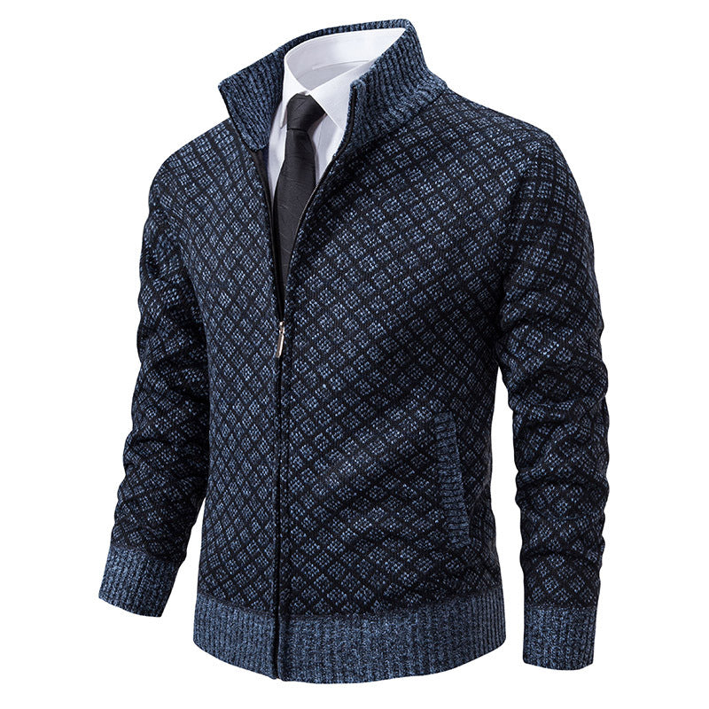 Cardigan homme en maille à carreaux épais et zippé, col montant, manches longues, coupe ajustée, hiver