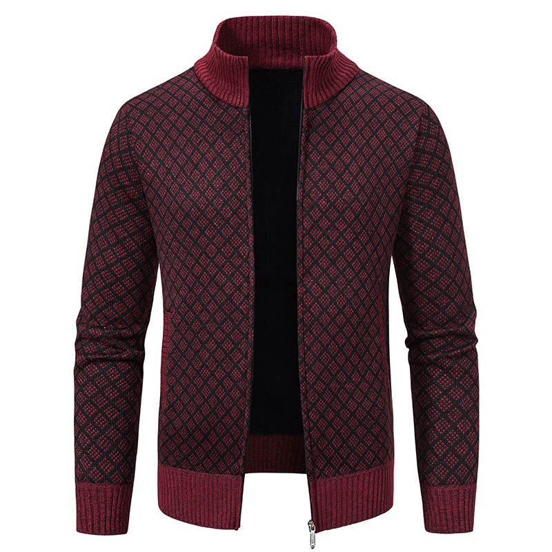 Men's Slim Fit Thickened Plaid Zipper Cardigan Sweater Stand Collar Long Sleeve Winter Knit